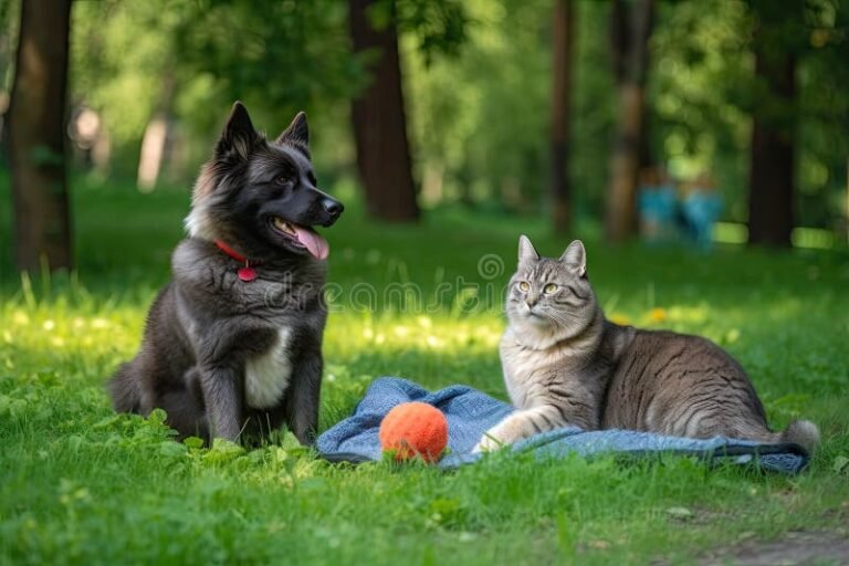 cao e gato brincando em um parque