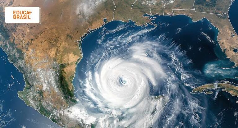 furacao milton devastando uma costa tropical