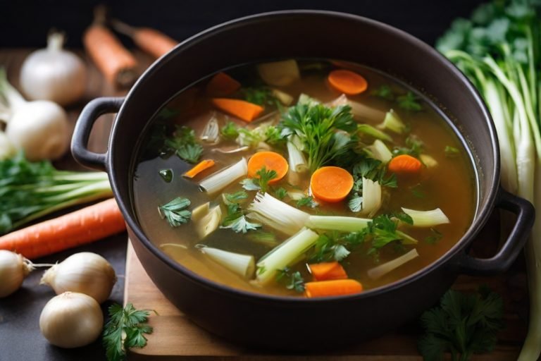 panela com caldo e vegetais frescos