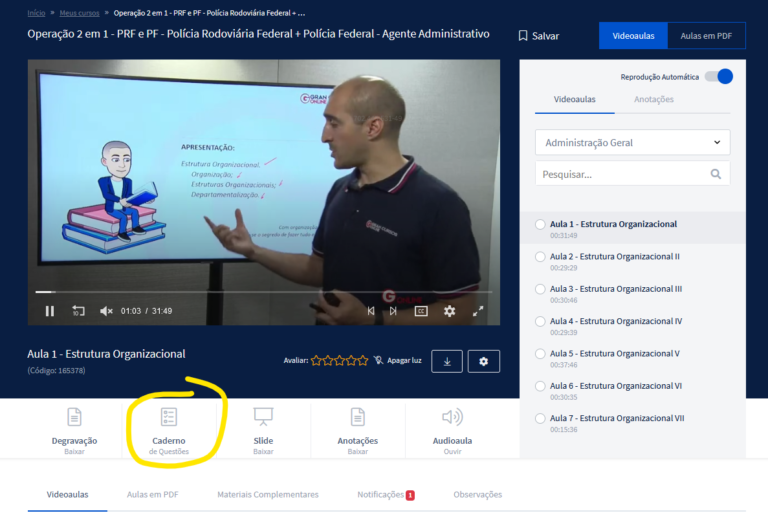 tela de login do gran cursos online