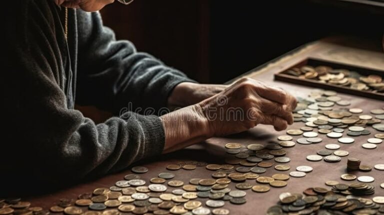 uma pessoa contando moedas em uma mesa